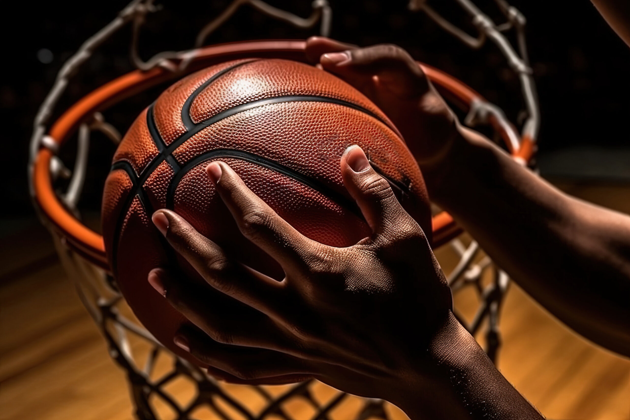 basketball player hands are slamming ball in the basket in top view illustration generative ai