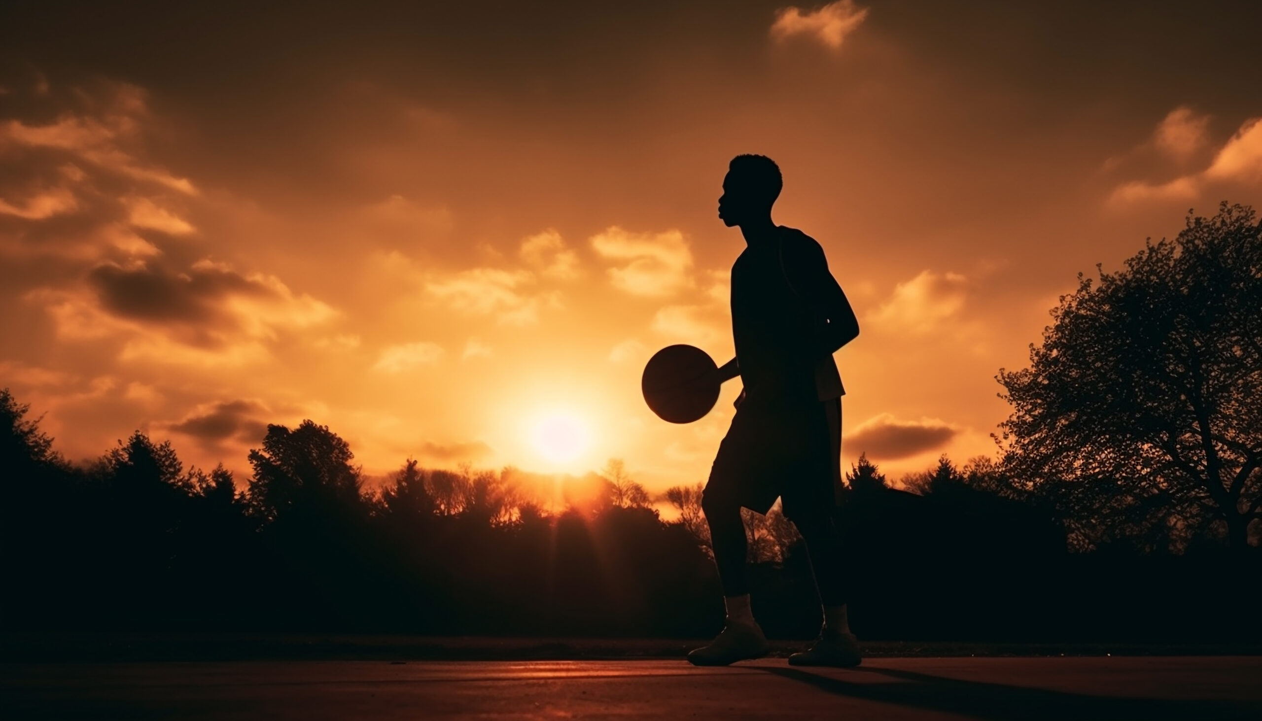 Silhouette of men playing ball at sunset generated by artificial intelligence